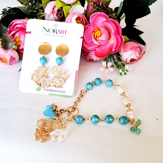 Conjunto de Aros y Pulsera Con Perlas de Rio Y Ágatas Facetadas